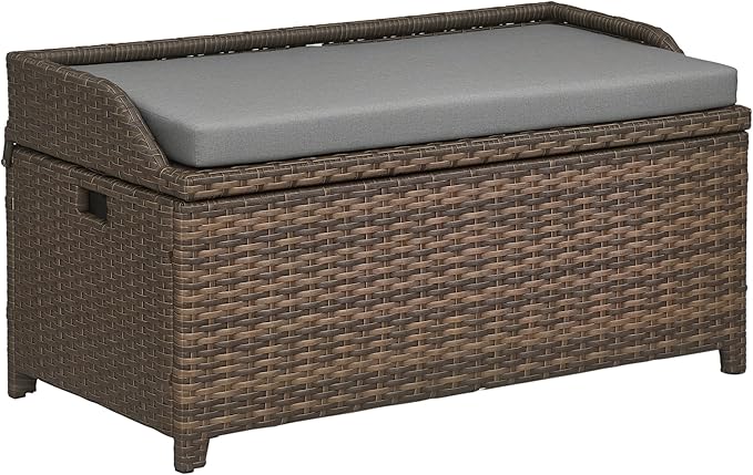 Outsunny 38 Gallon Outdoor Wicker Storage Bench Deck Box, PE Rattan Patio Furniture Pool Storage Bin Container with Interior Waterproof Cloth Bag and Comfortable Cushion, Cream White
