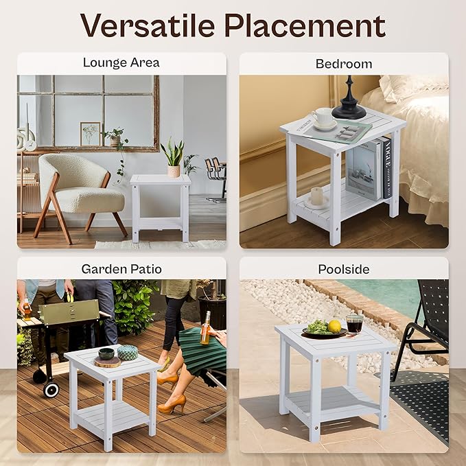 Outdoor Side Table, 2-Tier Acacia Wood End Table for Patio & Indoor Use, Small Rustic Accent Table for Covered Porch, Balcony, Living Room (White)