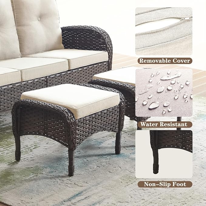 Belord Outdoor Ottomans for Patio Foot Rest - 25 Inch PE Wicker Foot Stool Set of 2 with Removable Cushions for Patio Furniture Sets,All Weather Rattan Ottoman for Balcony Deck Backyard Brown