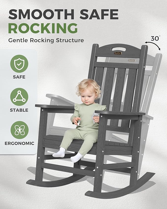 Oversized Outdoor Rocking Chair, HDPE All Weather Resistant Patio Rocking Chair, High Back Porch Rocking Chair, 380lbs Weight Capacity, Dark Grey
