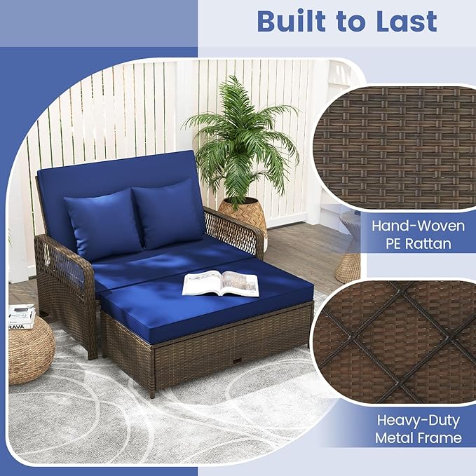 Moccha Outdoor Daybed, Rattan Loveseat Sofa with 4-Level Adjustable Back, Cushions, Storage Ottoman, Pillows, Wicker Sunbed, 2-Person Bed Lounger for Backyard Porch Pool Patio Furniture Set (Navy)