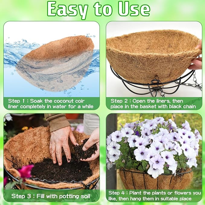 ZeeDix 6 Pack 14 Inch Metal Round Hanging Planter Basket with Coconut Liners Replacement, Hanging planters Baskets with Natural Coco Liner for Outdoor Indoor Planters Flowers Vegetables