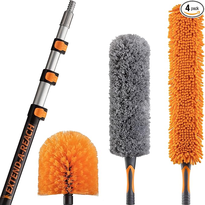 20 Feet High Reach Ceiling Dusters Set with 4-12 ft Extension Pole for Cleaning // Extendable Telescoping Long Reach Cobweb & Feather Dusters for High Ceiling // Extendable Ceiling Fan Blade Cleaner