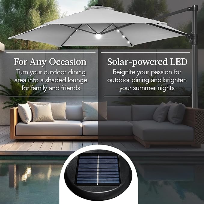 Best Choice Products 10ft Solar LED Offset Cantilever Hanging Market Patio Umbrella, Smooth 360° Rotation, 8 Sturdy Ribs, Easy Adjustment - Fog Gray