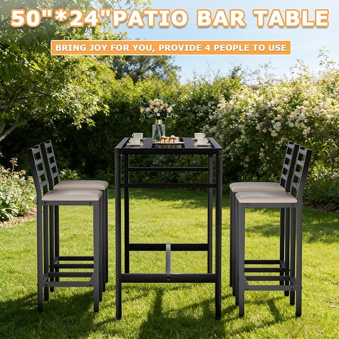 5 Piece Outdoor Patio Bar Set, 50" Rectangular Counter Height High Top Bar Table Patio Bar Set, 4 Cushioned 41" Bar Stools Modern Metal Outdoor Bar Set for Poolside, Balcony, Backyard, Porch