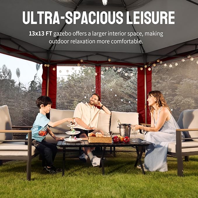 CROWN SHADES 13x13 Pop Up Gazebo with Mosquito Nettings, Patented Center Lock 6-Sided Portable Gazebo, 300D Silver-Coated Fabric UV Resistant, Pop Up Canopy Tent for Patio, Party, Red&Grey