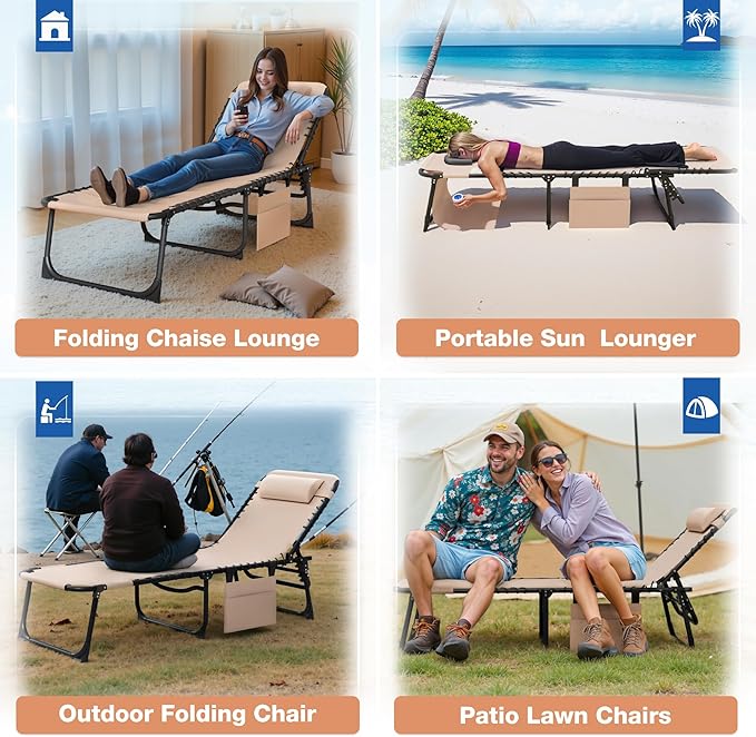 Devoko Beach Lounge Chair, Outdoor Sun Tanning Chair with Face Hole, Heavy Duty Folding Portable Lay Chaise Lounge Chairs for Outside Beach Pool Camping Patio, Beige