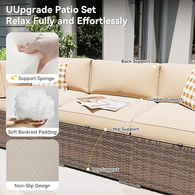 Aoxun Patio Furniture Set with Fire Pit Table, 8 Piece Outdoor Sectional Sofas, Wicker Outdoor Furniture with Thickened Cushion for Backyard, Garden (Brown Rattan Begin Cushions)