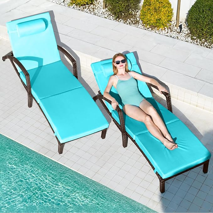 Chaise Lounge Chairs Outdoor Set of 4, Comfy Outside Wicker Patio Pool Lounge Chair w/ 5 Adjustable Back Angle, Cup Holder, Thicken Cushion