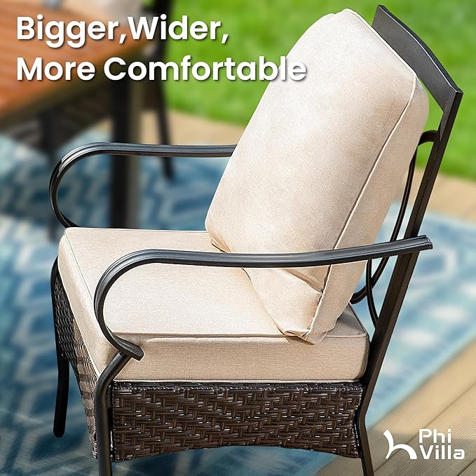 PHI VILLA Patio Dining Chairs Set of 2, Heavy Duty Outdoor Metal Wicker Dining Chair with Padded Cushions, Indoor Outdoor All Weather Wrought Iron Patio Chair Support 300lbs
