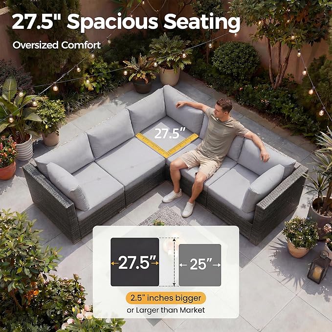 NICESOUL 13 Piece Outdoor Wicker Patio Furniture with Fire Pit, Oversized Grey Outdoor Seating Set with Fire Pit Table & Chaise Lounge, 29.3" High Back Sectional Couch Sets for Tall/Big Person