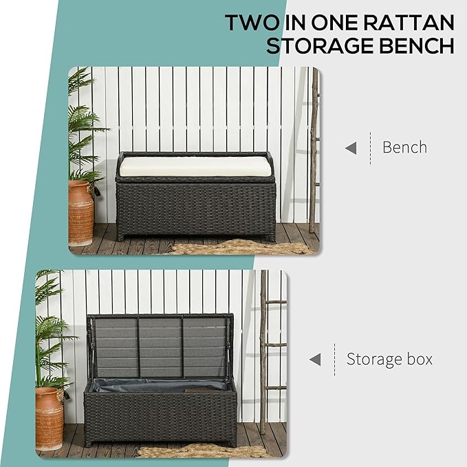 Outsunny 38 Gallon Outdoor Wicker Storage Bench Deck Box, PE Rattan Patio Furniture Pool Storage Bin Container with Interior Waterproof Cloth Bag and Comfortable Cushion, White