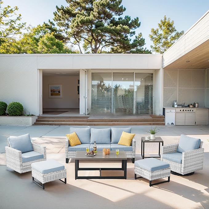 Belord 7 Piece Outdoor Furniture Patio Wicker Sofa Set, Oversize Outdoor Swivel Rocker Chairs with Rattan Ottomans, Conversation Sets Patio Furniture Come with Removable Cushion Baby Blue, Light Grey