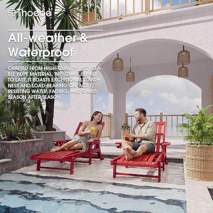 Patio Chaise Lounge Chair Set of 4, Oversized Lounge Chair Outdoor with 5 Positions, HDPE, Patio Lounge Chair with Wheels & Cup Holder for Pool, Deck, Poolside,Red