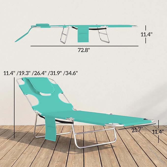 Outsunny Chaise Lounge Chair Outdoor with Face Arm Hole, 5-Position Reclining Face Down Tanning Chair with Carry Strap, Side Pocket, Portable Folding Bed Cot for Patio Beach Pool, Light Green