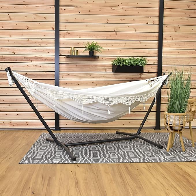Vivere Double Cotton Hammock with Space Saving Steel Stand, Upgraded Polyester End Strings 450 lb Capacity - Premium Carry Bag Included - USA Grown Cotton (Natural)