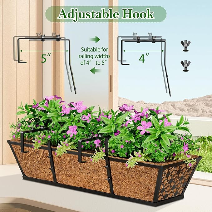 SPECILITE 30" Window Boxes Planters, Heavy Duty Metal Railing Planter Boxes, Adjustable Balcony Planters for Railing Hanging, with Coco Liner & Tool Set for Deck, Porch, and Patio Gardening (2 Pack)