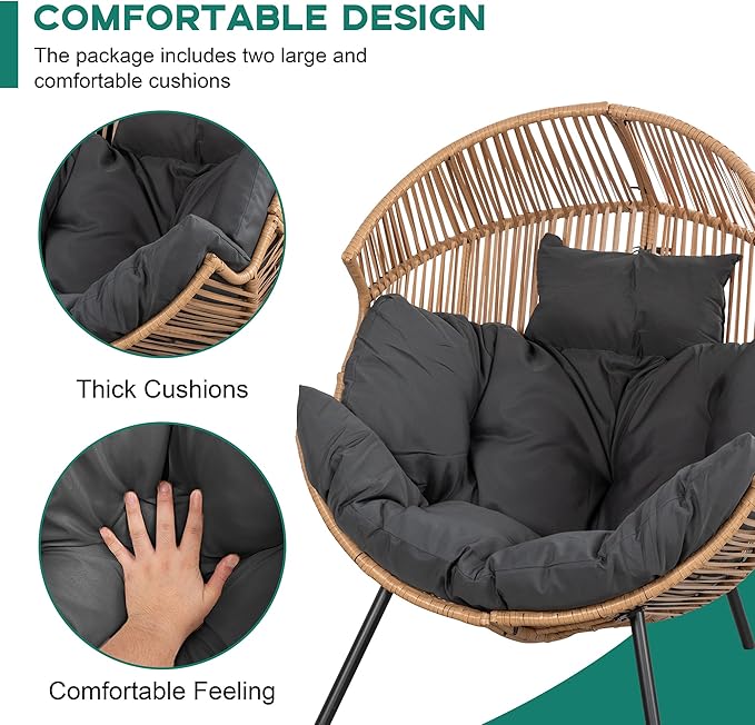 Shintenchi Wicker Egg Chair,Outdoor Indoor Rocking Chair,Large PE Rattan Rocking Chair with Cushion for Patio, Balcony, Backyard, Garden,Deep Grey