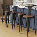 Alunaune 24" Swivel Metal Bar Stools Set of 4 High Back Counter Height Barstools Industrial Dining Bar Chairs with Large Wooden Seat-Matte Black