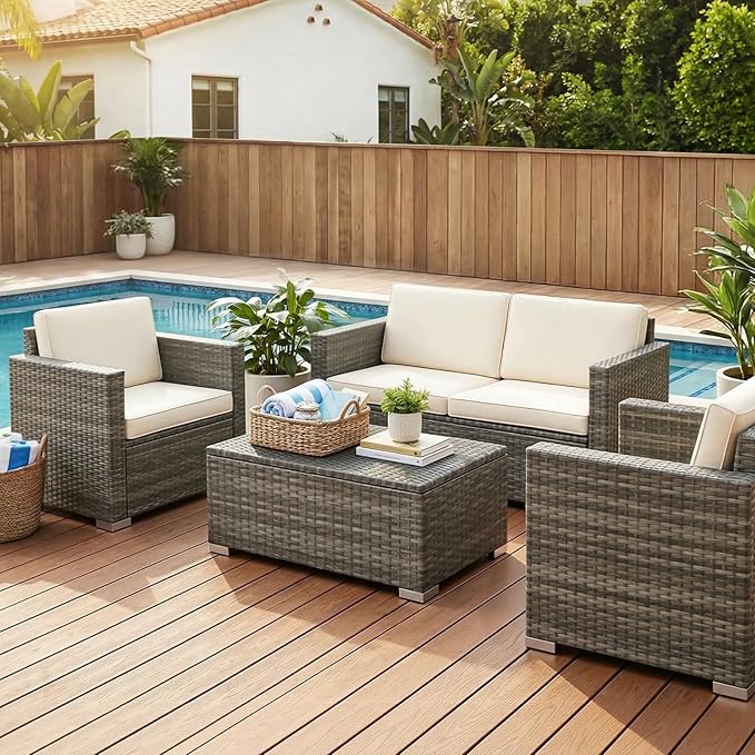 ONBRILL Outdoor Coffee Table with Storage, Rattan Storage Coffee Table with Internal Waterproof Bag, Low Side Table for Patio, Porch, Backyard, Poolside - Brown