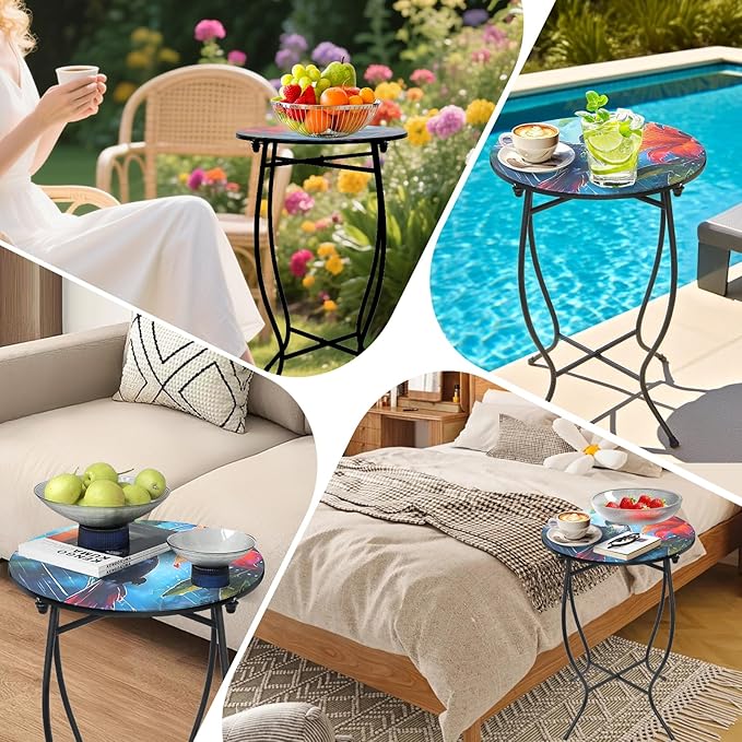 Small Outdoor Table, 21 Inch Heigh Weather Resistant Metal Round Outdoor Indoor End Table Side Table for Patio Yard Porch Balcony Garden Bedside, Easy Assemble