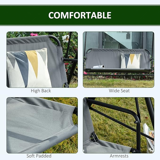 Outsunny 3-Person Porch Swing with Stand, Outdoor Swing for Patio Porch with Adjustable Tilt Canopy and Comfortable Swing Bench-Style Seat, Steel Frame, Gray