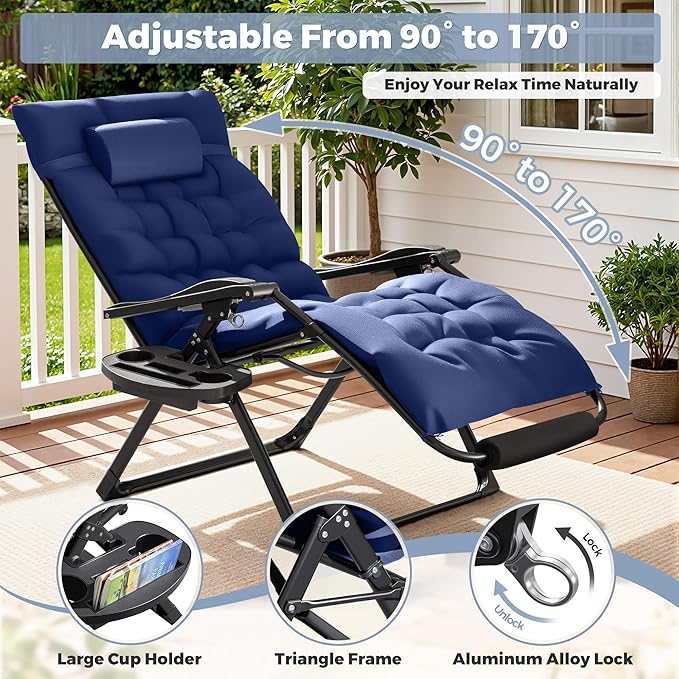 Homall Oversized Zero Gravity Chair, 32In Recliner Lounge Chair with Removable Soft Cushion and Cup Holder, Adjustable Anti Gravity Chair Folding Patio Chairs Padded for Indoor and Outdoor, Blue