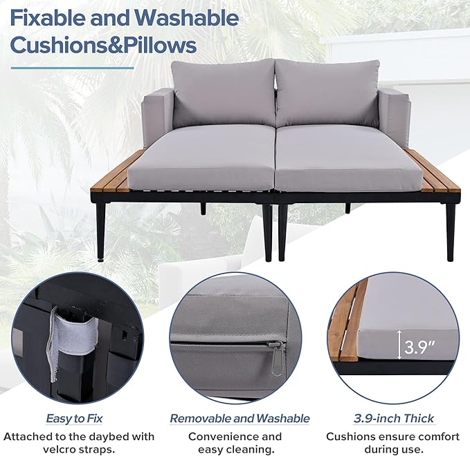 Outdoor Double Metal Daybed, with Wood Topped Side for Drinks, 2 in 1 Padded Sun Lounger with Cushions & Pillows, Patio Chaise Lounge Chair for Poolside Lawn Garden, Gray