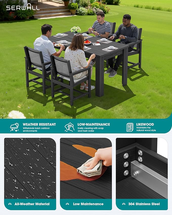 SERWALL Outdoor Dining Sets for 4 with 1 Umbrella Hole Cut-Out Rectangular Table and 4 Textilene Chairs, Patio Dining Table Sets for Garden, Backyard, Poolside, Black