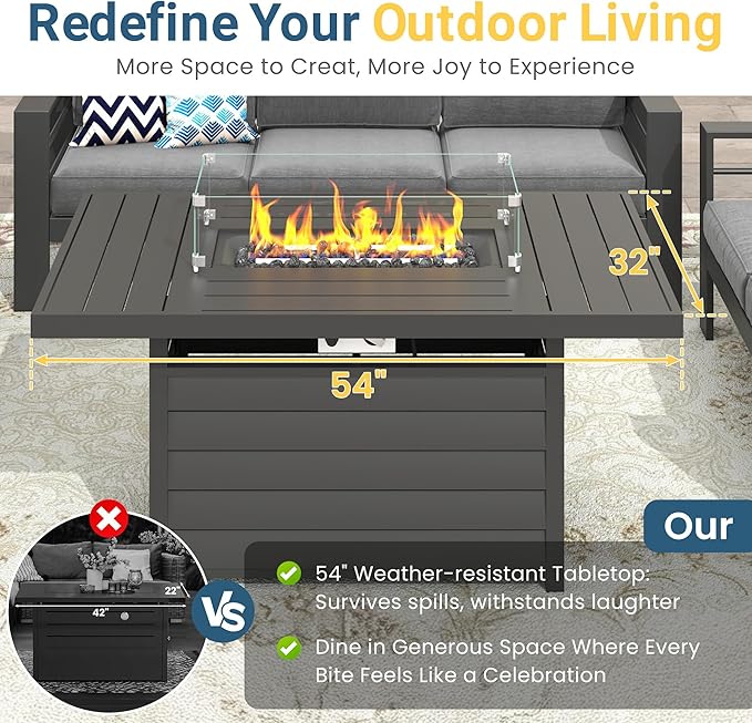Wisteria Lane 7 Seats Aluminum Outdoor Patio Furniture Set with 54 Inch Propane Gas Fire Pit Table, Modern Patio Conversation Sets with Outdoor Sectional Couch for Backyard, Garden, Dark Grey