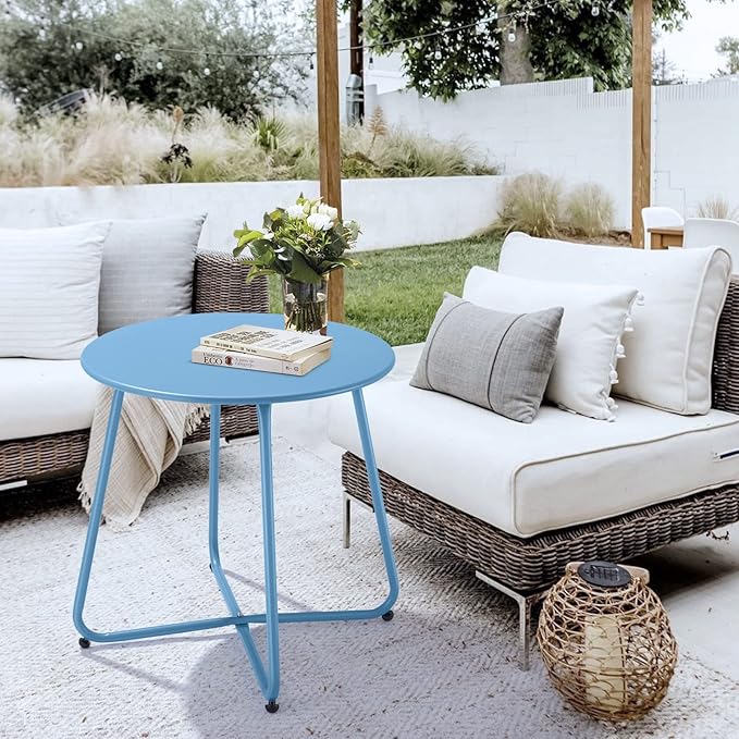 Patio Outdoor Side Table Waterproof Round Metal Steel Small Side Table Weather Resistant Portable Outdoor and Indoor End Table for Garden Balcony Yard, Blue