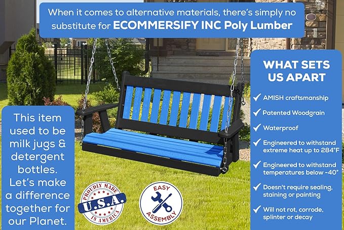 Poly Lumber Wood 4FT Mission Porch Swing Amish Craftsmandship Made in USA HDPE with No Wood fibers 1000 lbs Limit. Stainless Steel Hardware.Signature Design for Patio Outdoor Backyard Garden Park