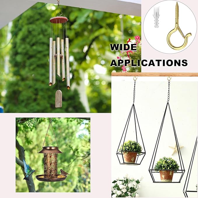 PlusRoc 20 Pack Ceiling Hooks for Hanging Plants Outdoor String Lights Heavy Duty, 2.2 Inch Eye Hook Screw in Cup Hooks Q-Hanger for Patio Lights, Wall Wood Fence Deck Mount(Gold)