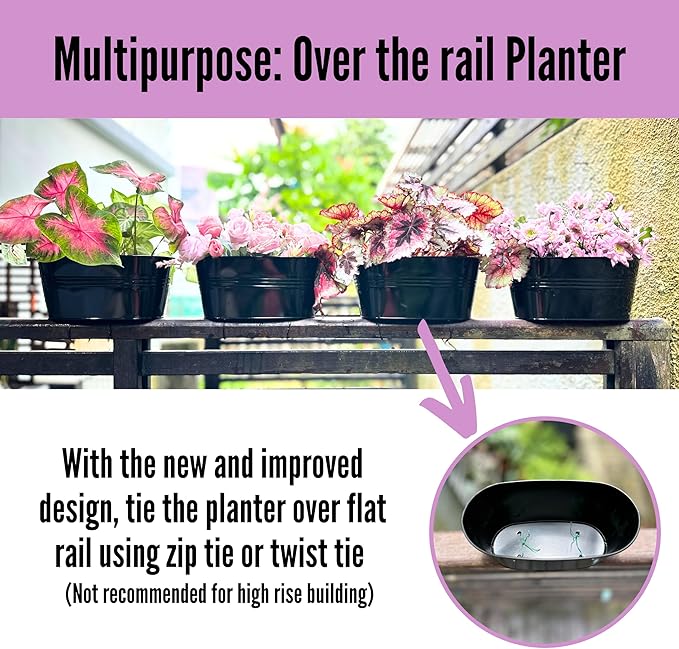 LaLaGreen Rail Planter Outdoor Plants(11.8 Inch, 15 Pack) Black Metal Iron Hanging Flower Pots Deck Railings Fence Buckets Modern Countryside Boho Style Wall Mount Window Box Plant Holder Porch Decor