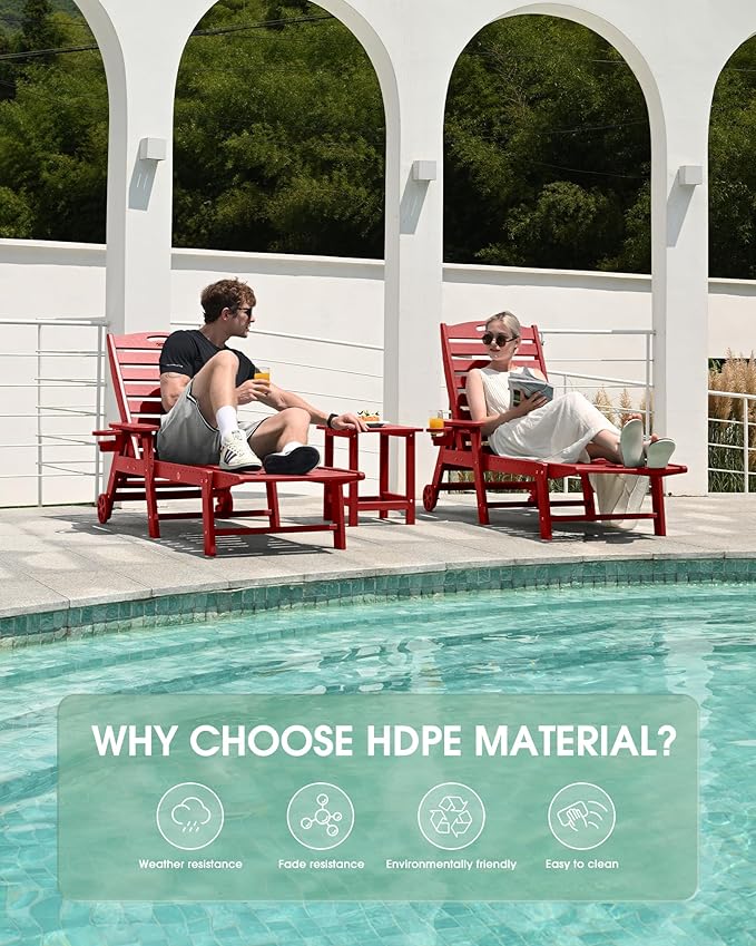 Lounge Chair Outdoor Set of 2, HDPE Chaise Lounge Outdoor, Pool Lounge Chair for Pool Poolside Deck Backyard Patio, Red