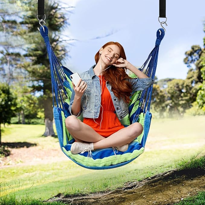 KPX Ourdoor Hanging Hammock Chair – Comfortable Tree Swing Chair Large Size 110X130cm（Without Pillows） - 330 Lbs Weight Capacity (Blue/Green)