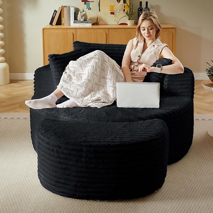 74.6" Oversized Round Chaise Lounge Chair with Ottoman Indoor, Fluffy Upholstered Corduroy Deep Seat Large Boneless Circle Couch Sofa Chairs for Living Room, Bedroom, No Assembly Required, Black