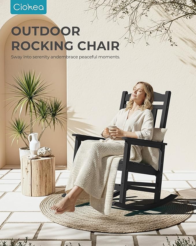Ciokea Oversized Outdoor Rocking Chairs Set of 3, 380lbs Heavy-Duty Large Patio Rocker, High Back Cozy Porch Chairs, Weather Resistant Patio Rocking Chairs for Outside, Fire Pit, Deck, Black
