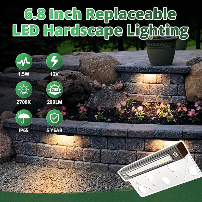 GKOLED 6.8 Inch LED Low Voltage Outdoor Hardscape Light, Light Module Replaceable, Retaining Paver Wall Step Lighting, 2700K 1.5W, IP65 for Wet Location, Die-cast Aluminum Housing
