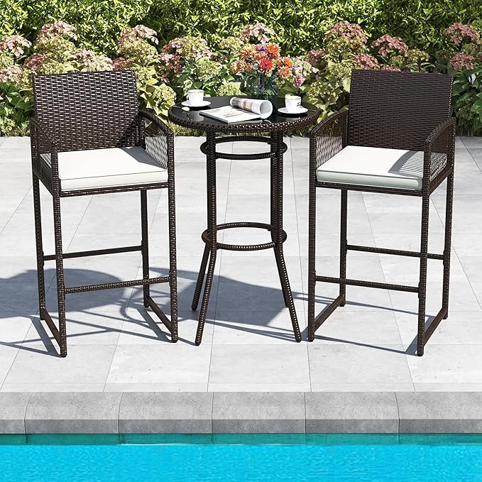 Tangkula 3 Piece Patio Bar Set, Outdoor Heavy Duty Wicker Bar Height Table & 2 Cushioned Barstools, for Backyard, Poolside, Porch, Bistro