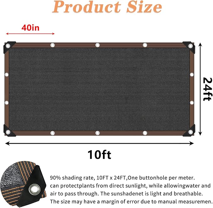 QLOFEI Shade Cloth for Garden, 90% Sunblock Neting Cover with Grommets, Sun Shade Cloth for Patio Pergola Greenhouse Plants Cover Mesh Tarp, 10x24 FT