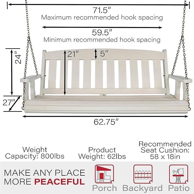 Amish Casual Heavy Duty 800 Lb Mission Treated Porch Swing with Hanging Chains (5 Foot, Semi-Solid White Stain)