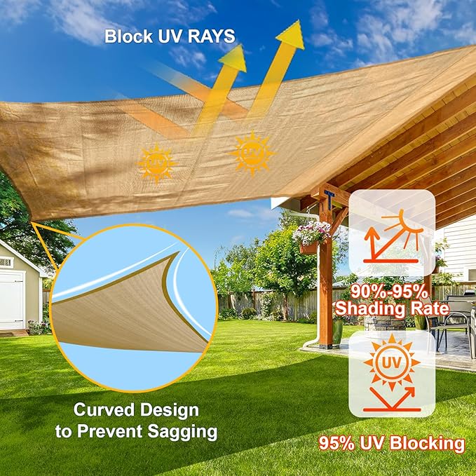 SUNLAX Sun Shade Sail 7' x 13' Sand Rectangle Canopy Sail Shade Cover UV Block Permeable Sunshade Outdoor for Patio Backyard (We Make Custom Size)