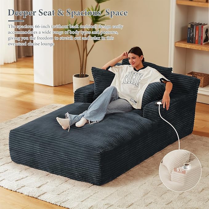 78.7" Chaise Lounge Chair Indoor, Oversized Boneless Couch Comfy Upholstered Sleeper Sofa Bed with 3 Pillows, Corduroy Cloud Reading Chair for Living Room No Assembly Required, Dark Grey