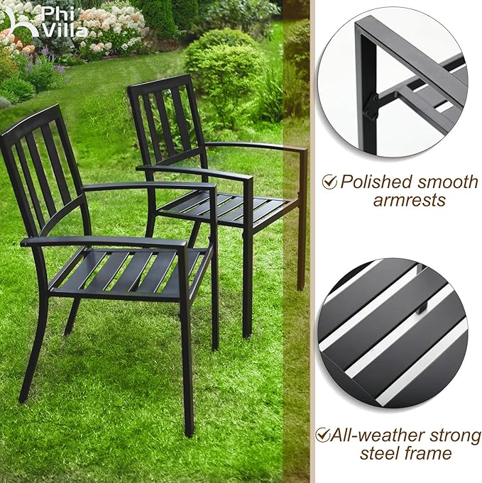 PHI VILLA 9 Pieces Outdoor Dining Set for 8, 60” Brown Wood-Like Square Metal Steel Table with Umbrella Hole & Stackable Wrought Iron Chairs, Large Outside Furniture for Patio, Deck, Yard, Porch