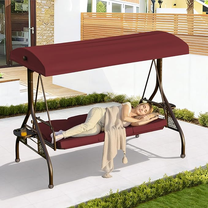 3-in-1 Convertible Outdoor Swing for Adults, Outdoor Porch Swing with Stand 800lb Bearing Capacity, 3-Seat Outdoor Swing with Canopy Adjustable, Thickened Cushions (Round, Wine Red)