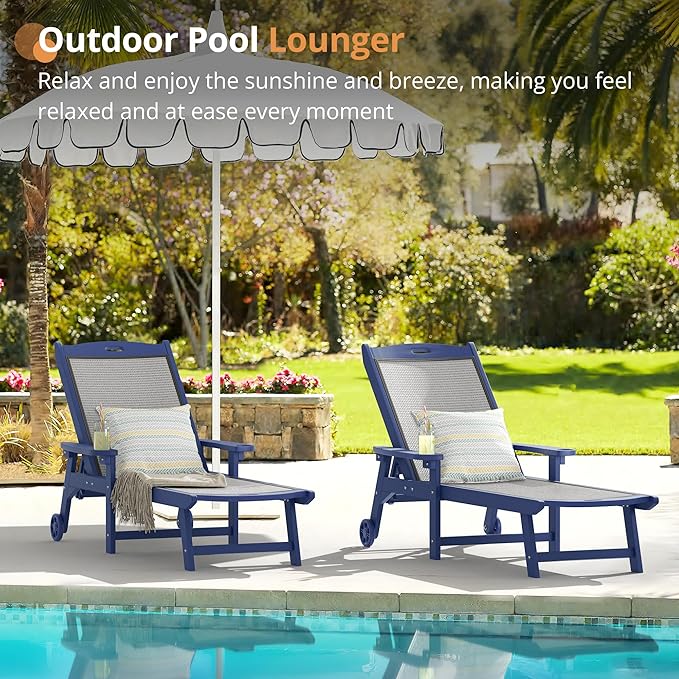 LUE BONA Chaise Lounge Chair Outdoor Set of 2, HDPS and HDPE Wicker Material, Patio Lounge Chair with Adjustable Backrest, Resin Pool Lounge Chairs with Wheels for Backyard, Poolside and Deck