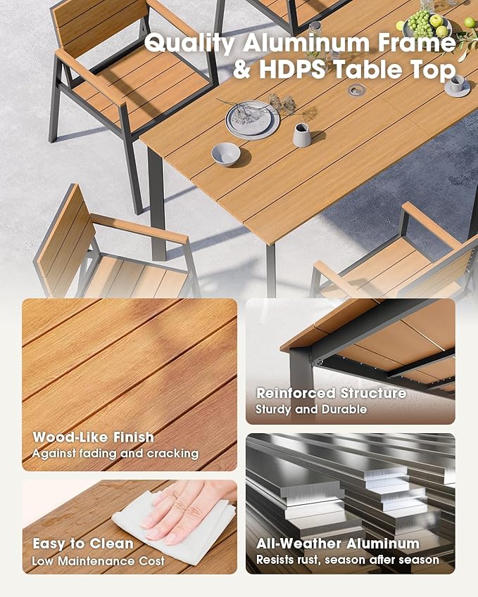 Outdoor Dining Set for 6, Aluminum Patio 7 Piece HDPS Luxury Outdoor Table and Chairs Set with Umbrella Hole, Modren Patio Furniture Set, All-Weather Patio Dining Set for 6, (Gray & Teak)