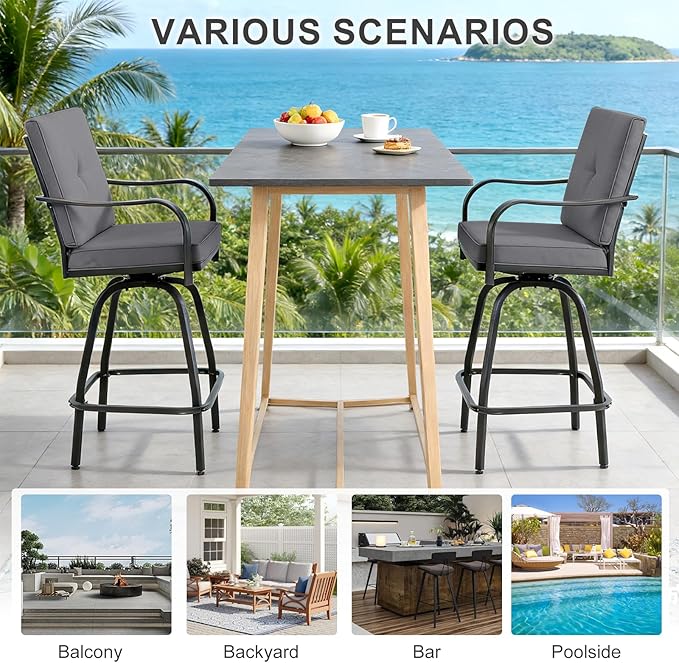 Patio Swivel Bar Stools Set of 4, Outdoor Bar Height Swivel Chairs with Cushions for Garden Balcony Backyard, Grey