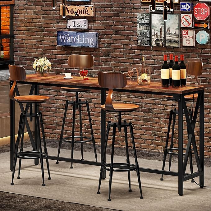 63'' Bar Table, Kitchen Dining Table with Power Outlet and Footrest, Industrial Style, for Pub, Living Room, Rustic Brown and Black TBT07UBF